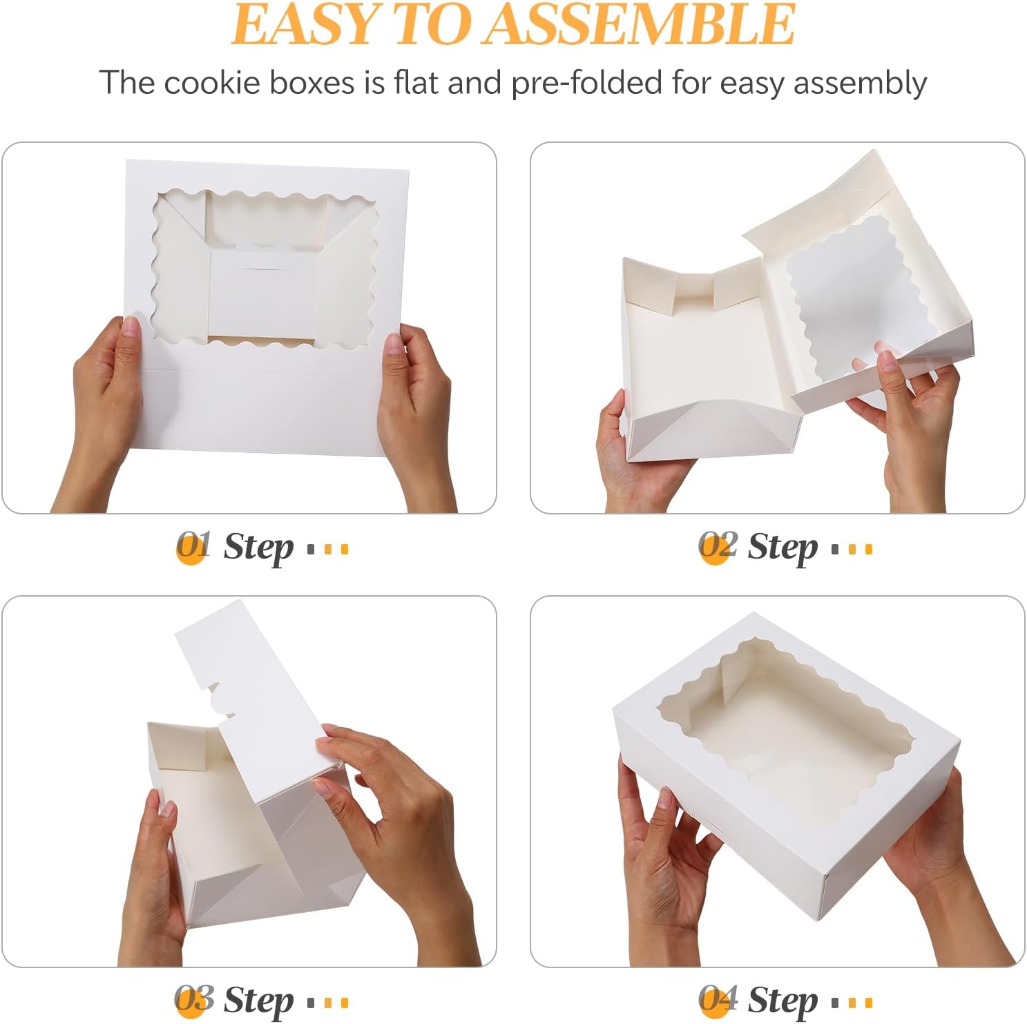 COTOPHER Auto Pop Up Cookie Box with Window 8x8x2.5 Inches – 50 Pack White Bakery Boxes with Gold Ribbon for Birthday Party Favors, Wedding, Christmas Gift Packaging for Cookies, Candy, Macarons