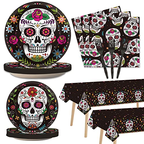 98pcs Day of the Dead Party Supplies Dia de Los Muertos Tablecloth Sugar Skull Tableware Set Plates for Mexican Fiesta Halloween Birthday Party Decor Carnival Tablecover Baby Shower Decorations Favors