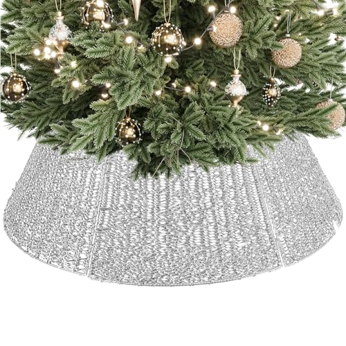 ELYKEN Silver Christmas Tree Collar, 33 Inch Large Woven Xmas Tree Skirt for Artificial Trees, Stylish Tree Basket for Tree Base Cover with Cord Cut-Out for Pencil Silm Trees Xmas Holiday Decor