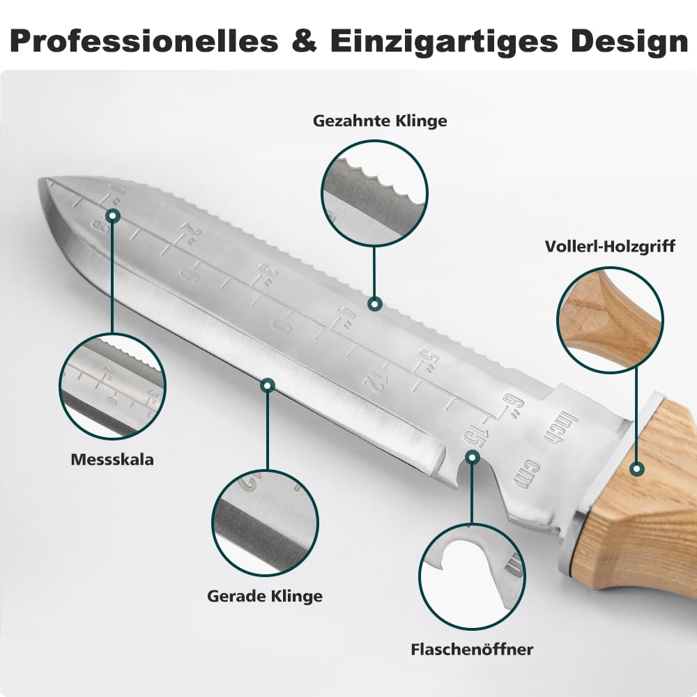 Berry&Bird Hori Hori - Cuchillo de jardín multiusos con hoja de acero inoxidable afilada de 17 cm de largo, doble filo y punta de acero inoxidable, con funda de lona, para jardinería, deshierbe, zanja