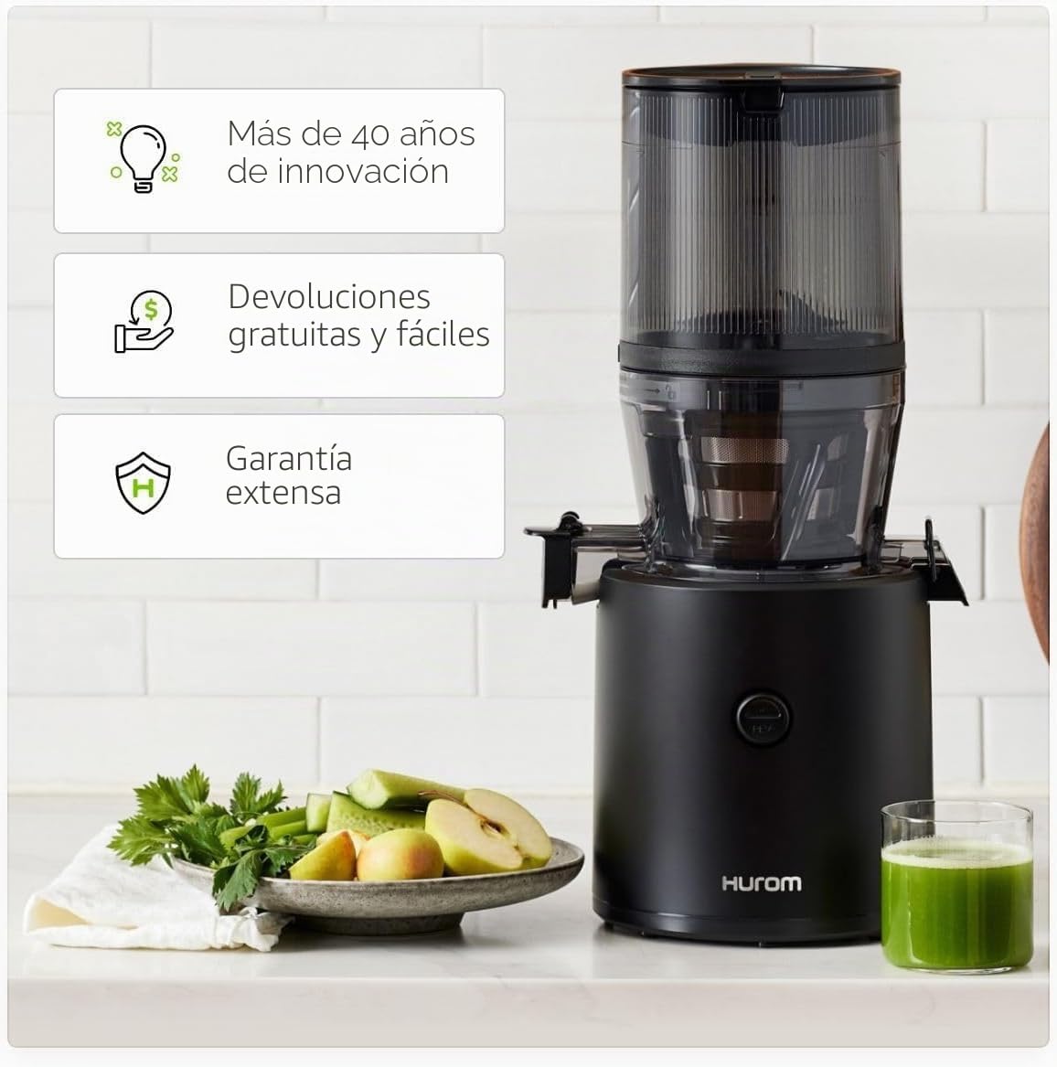 HUROM Exprimidor lento,Exprimidor de verduras y frutas,H320N,Prensa fría eléctrica,Motor silencioso,Fácil de limpiar,Con recipiente grande y filtro de colador,2 l,200 W,Sin BPA,Negro