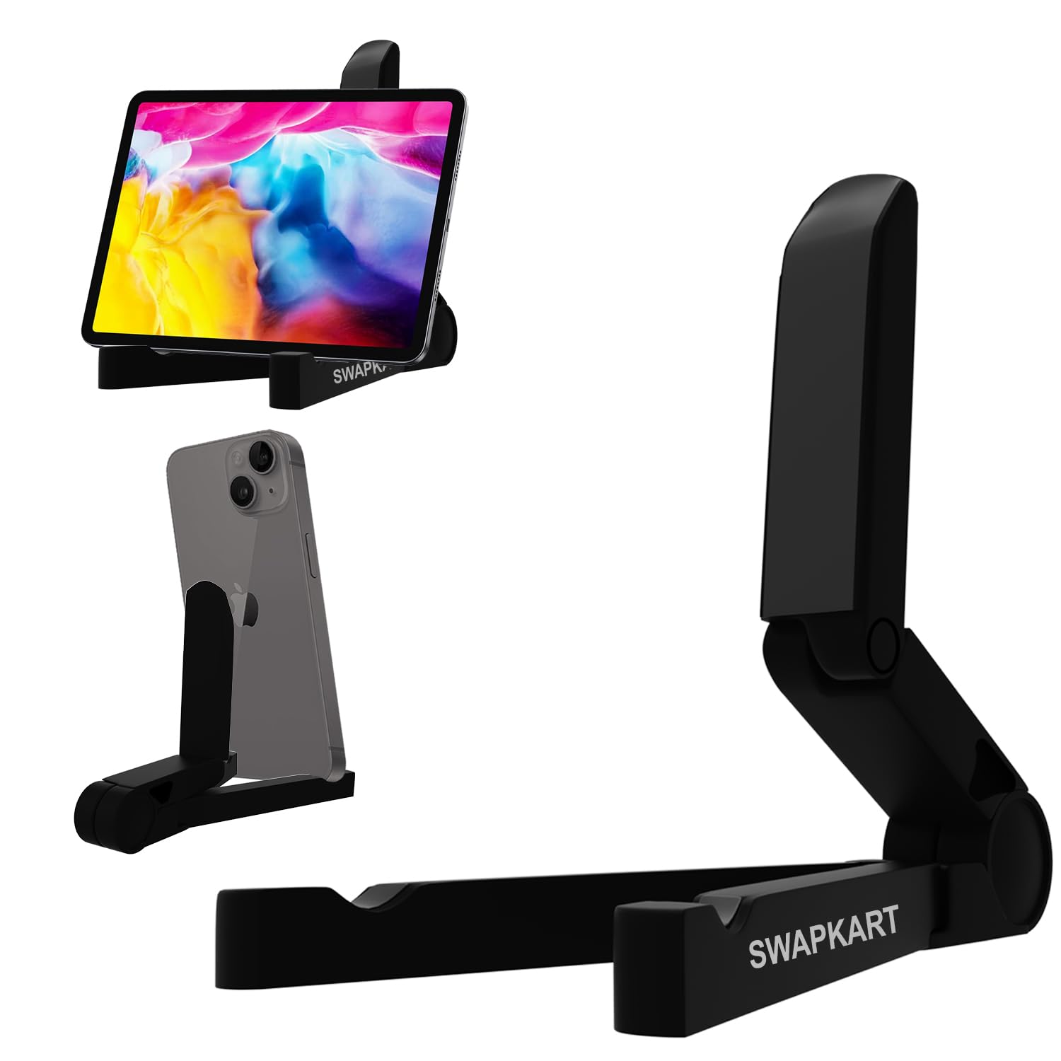 SWAPKART Portable Tabletop Tablet Stand Mobile Holder, Desktop Stand, Cradle, Dock for iPad, Smartphone, Kindle, E-Reader, Fully Foldable, Adjustable Angle, Anti-Slip Pads, Black
