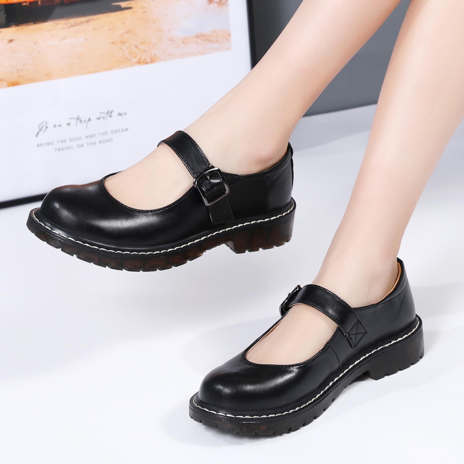 XMM Mary Jane Shoes Women Oxford Shoes Leather Round Toe Flats Non-Slip Ankle Buckle Strap Comfort Casual Dressy Cosplay Party School Work Shoes: 6.5 Black