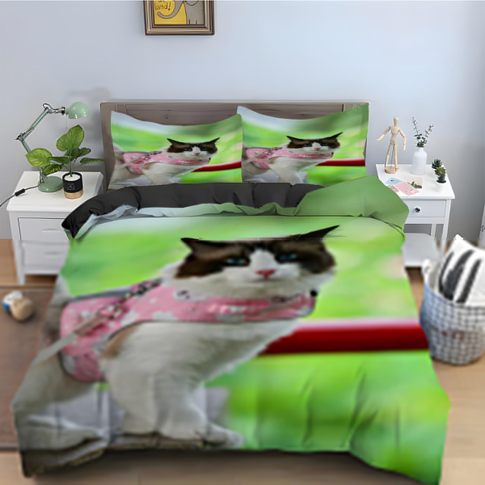 Housse de couette 220x240 Chat Ragdoll parure lit 3 pièces en microfibre douce avec fermeture éclair