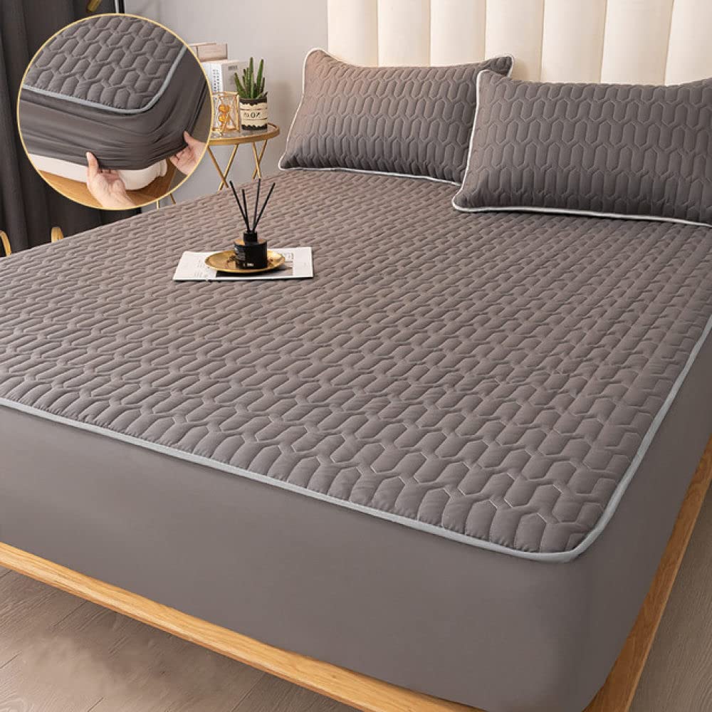 Colchón Protector espesante Cubierta de colchón Grueso Lino Acolchado Lino Ropa de Cama Estampada sábana Grande sin Funda de Almohada, Gris Oscuro, 150x200x25cm