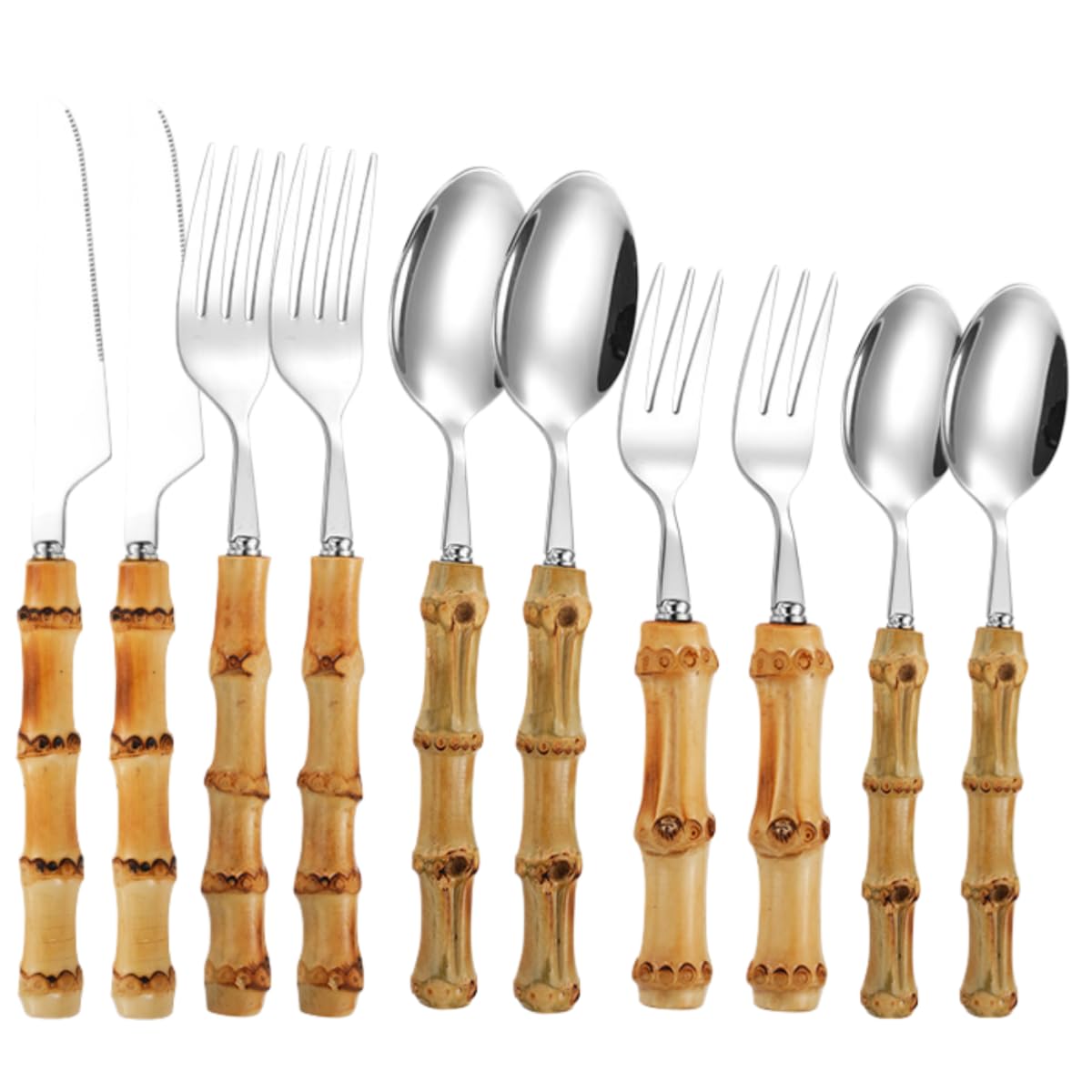 Posate Bambù 18/8 Acciaio Inossidabile Argento Confezione Da 10 | coltello da bistecca cucchiaio forchetta cena
