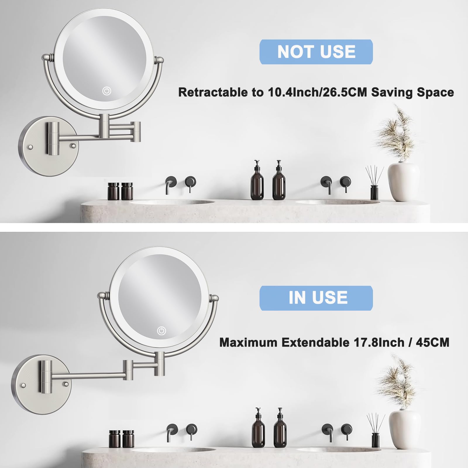 Espejo de maquillaje conectado fijo con luz, aumento de pared de doble cara espejo de baño de 20 cm 10 x aumento 3 colores iluminación espejo de afeitar