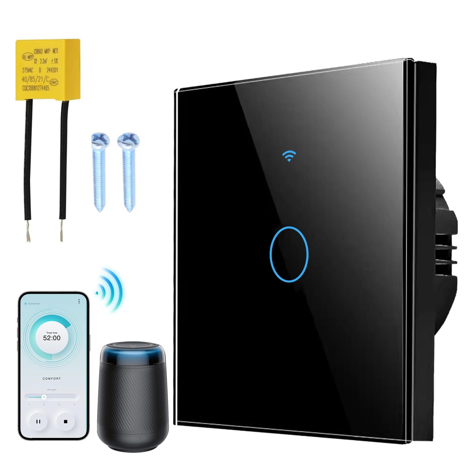 Interruptor Inteligente WiFi, 1 Gang Interruptor Pared Táctil Compatible con Alexa Google Home, Control Remoto App Smart Life Programable Temporizador, Panel Vidrio Templado Hogar Negro, 1 Pieza