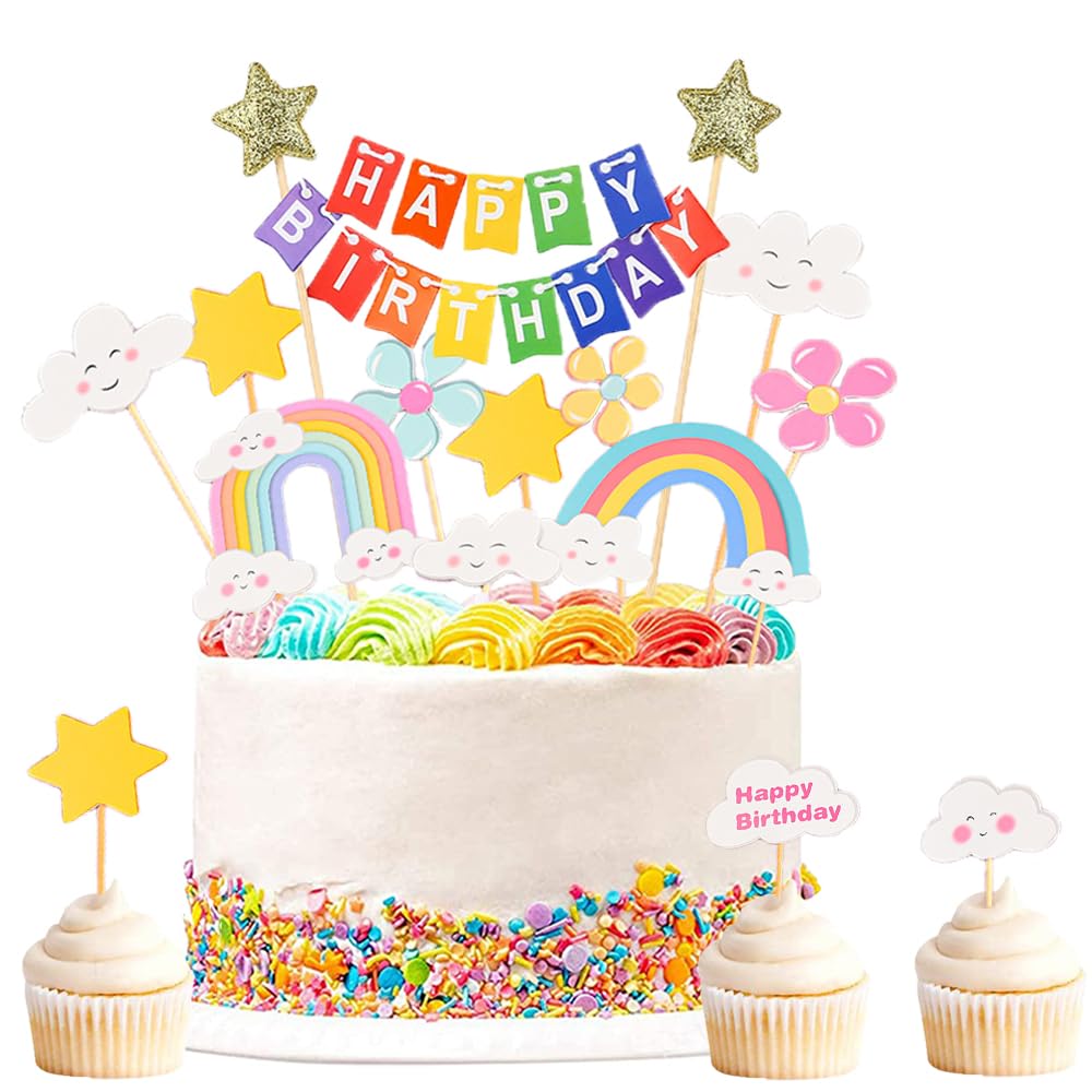 Decorazione Per Torta Arcobaleno – Con Scritta Happy Birthday, Candele E Bastoncini – Riutilizzabile, Per Torte 20-23 Cm