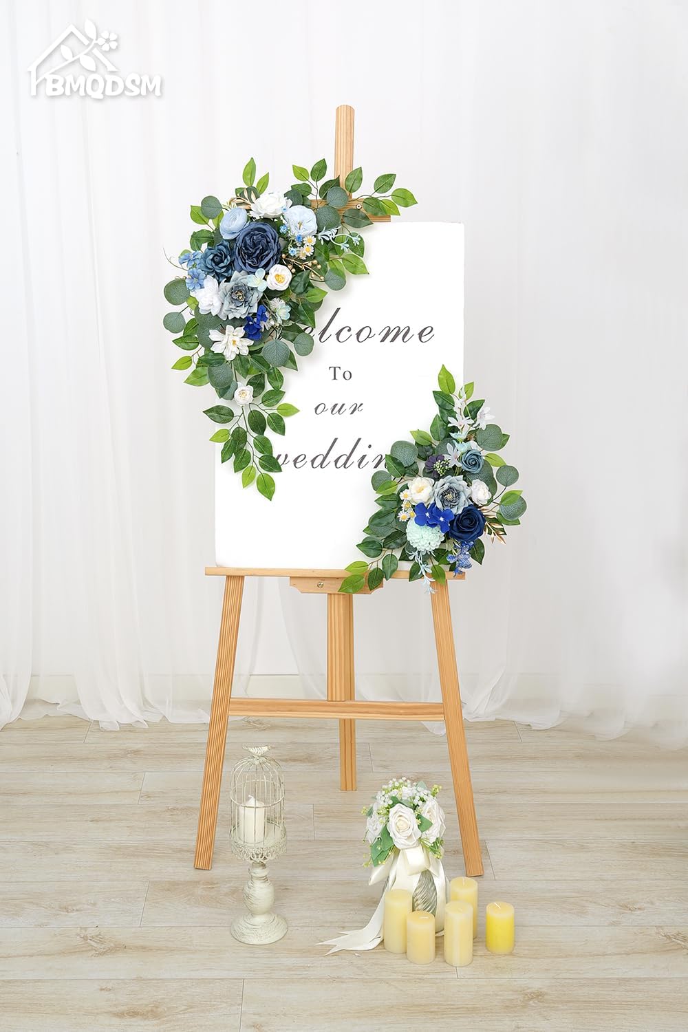 Wedding Welcome Signs Floral(Pack of 2)，Wedding Arch Flowers for Wedding Decorations and Reception Backdrop Decoration (Blue)