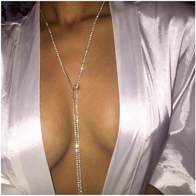 Yheakne Bling Tennis Chain Necklace Silver Long Rhinestone Choker Necklace CZ Lariat Y Necklace Tie Up Necklace for Women and Girls Nightclub Body Chain Jewelry