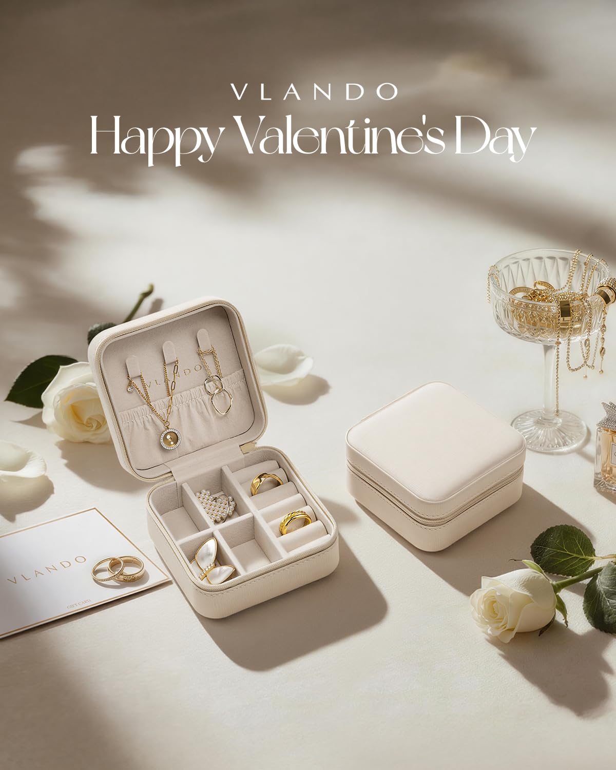 Vlando Wedding Gifts - PU Leather Small Jewelry Travel Organizer, Travel Jewelry Case for Ring, Mini Jewelry Box for Earring, Necklace, Bracelet Milky White