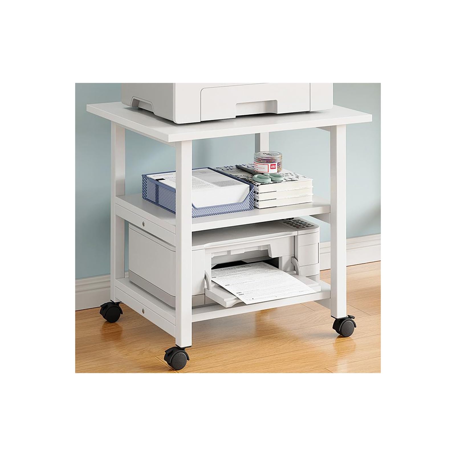 IEOWY Printer stand,Mobile Printer Stand with Wheels - 2-Tier Storage Rack for Printers, Fax Machines & Office Supplies - Rolling Printer Shelf & Cart - White - 3rd Floor Design