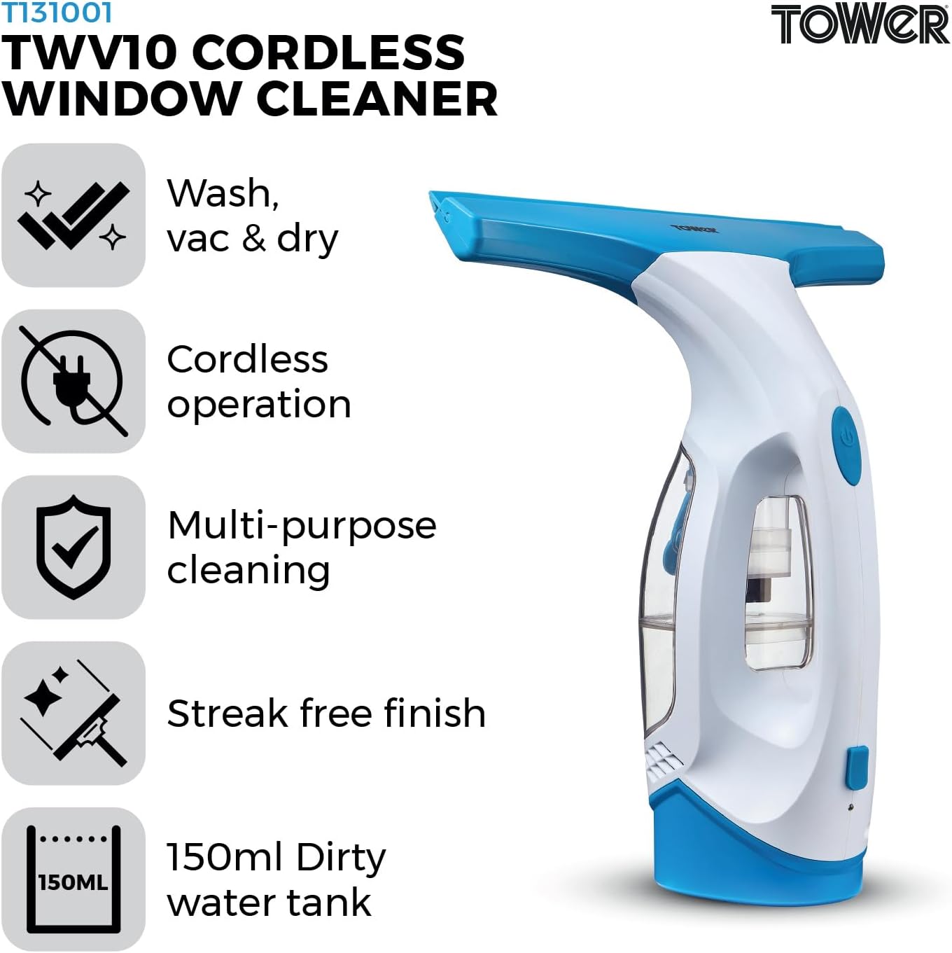 Tower T131001 Cordless Window Vac Cleaner with Rechargeable Battery, 150ml Water Tank, 20W, Cool Blue