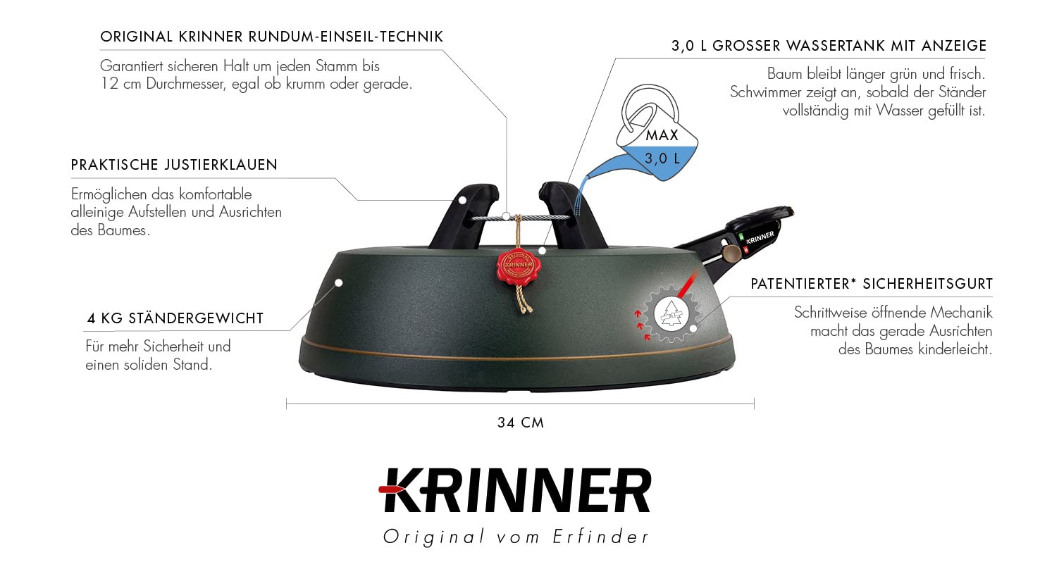 KRINNER® Comfort Grip S Christbaumständer Weihnachtsbaumständer inkl. Fußpedal Einseiltechnik mit 3,0 Liter Wassertank für Baumhöhe bis 2,3m Made IN Germany 94215, Grün (Matt)