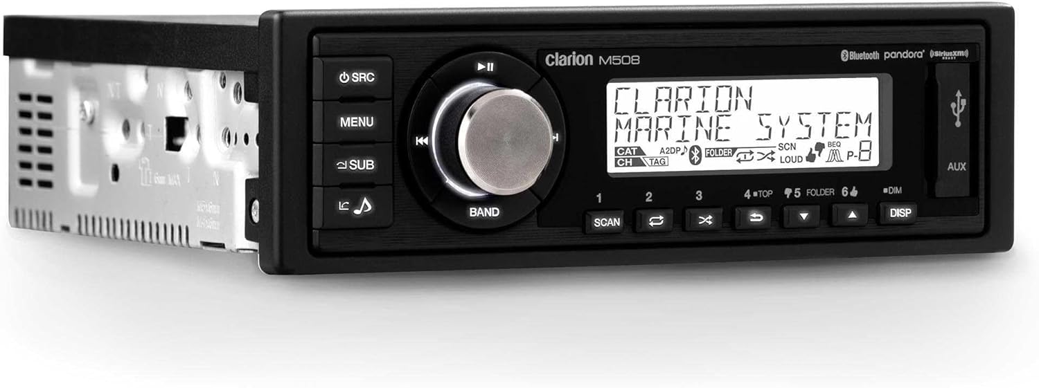 Clarion Marine Boat Audio Upgrade M508 Source Unit, Marine Cover, (1 Pair) 6.5" Sport Grill Speakers