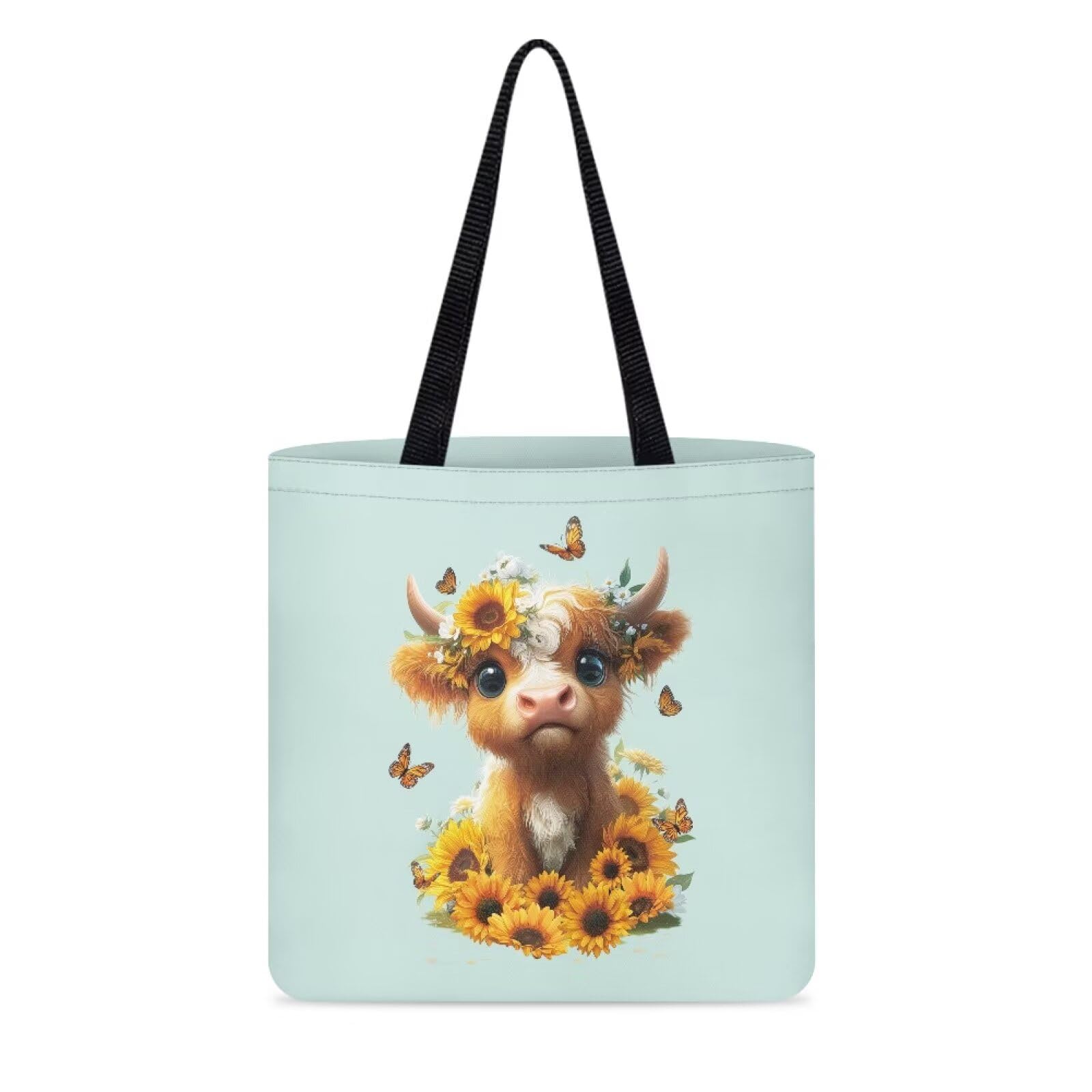 Wanyint Cute Highland Cow Sunflower Grocery Bag Reusable Canvas Tote Bag Animal Print Shopping Handbag for Women Girls, Fabric Cloth Large Capacity Shoulder Bags for Work Travel