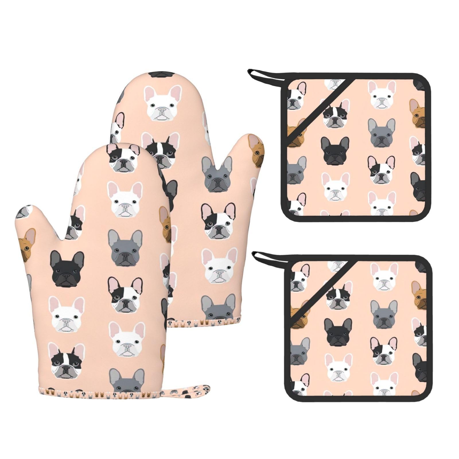 French Printed Pot Holders and Oven Mitts 4-Piece, Non-Slip Kitchen Gloves with Utensil Pocket for BBQ