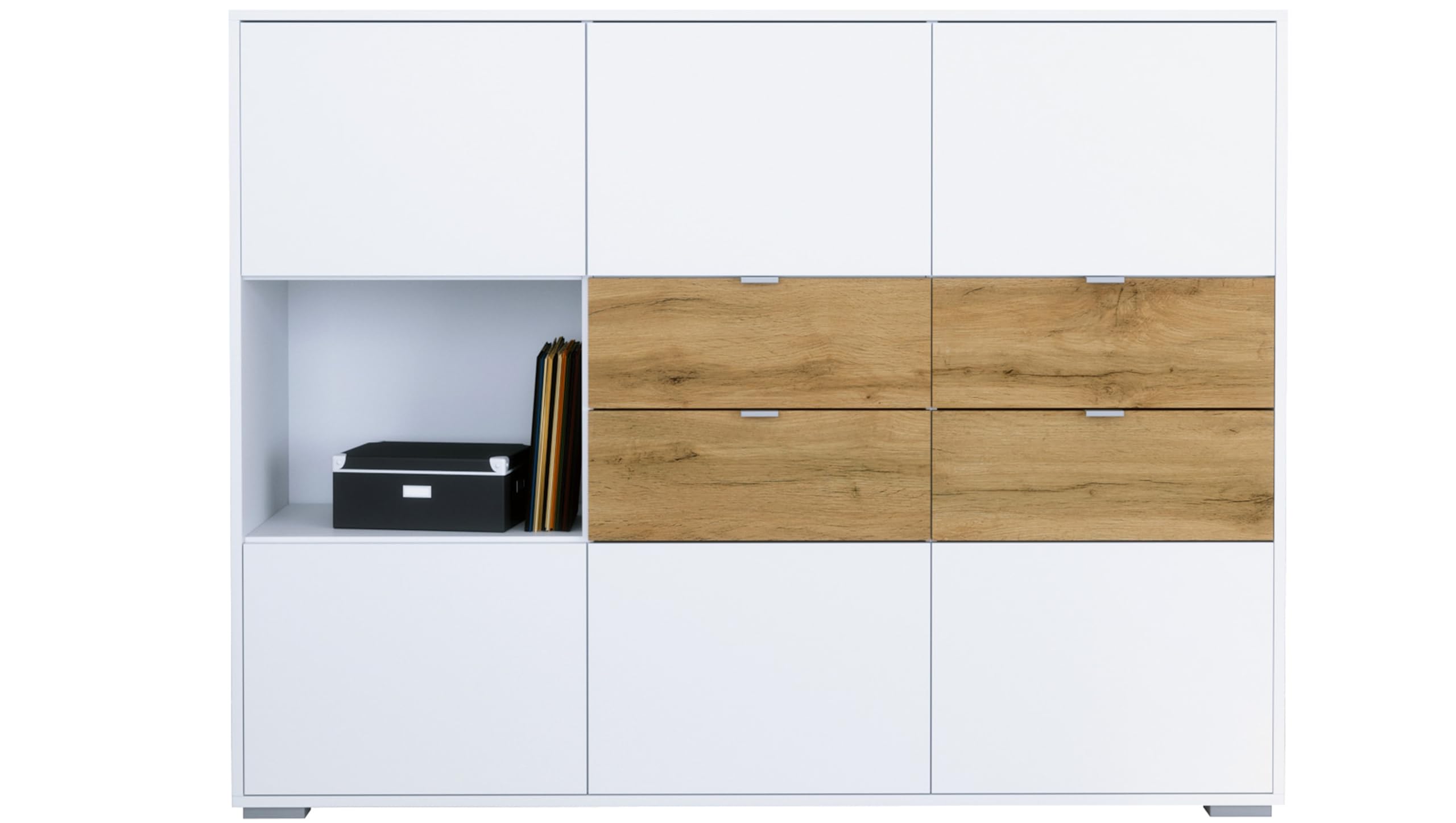 Vladon Highboard Milano V2, Sideboard mit 6 Türen Weiß matt und 4 Schubladen Eiche Evoke, Made in Germany, Korpus Weiß matt (152,5 x 118x 37 cm)