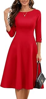 HomRain Women's Fit and Flare Midi Dress-3/4 Sleeve Modest Church Dress Classy Causal Work Dresses with Pockets