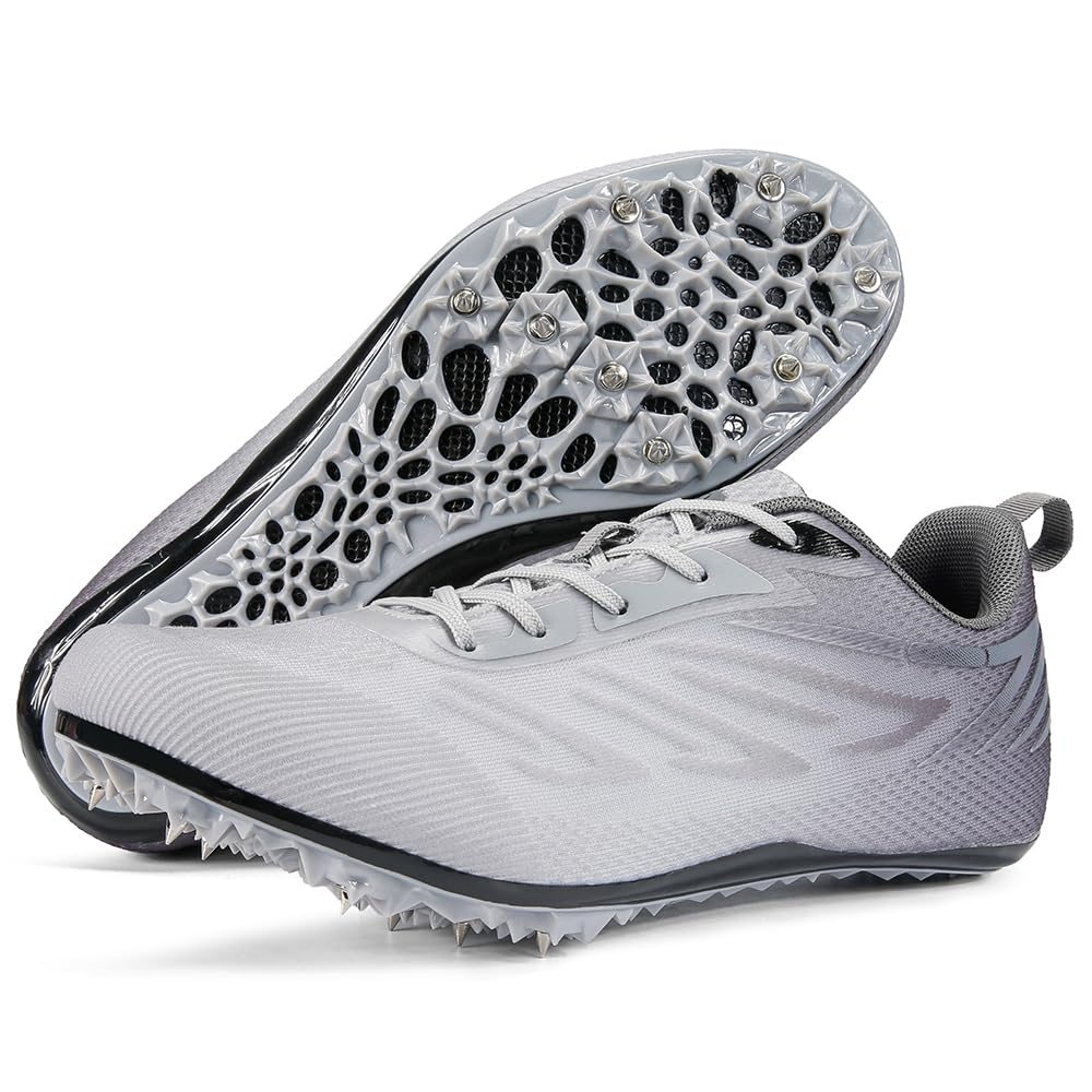 Track and Fields Sneakers Mens Womens Track Running Shoes Athletes Sprinter Racing Shoes Spikes Track Shoes for Students Boys Girls, Grey, 5.5 UK
