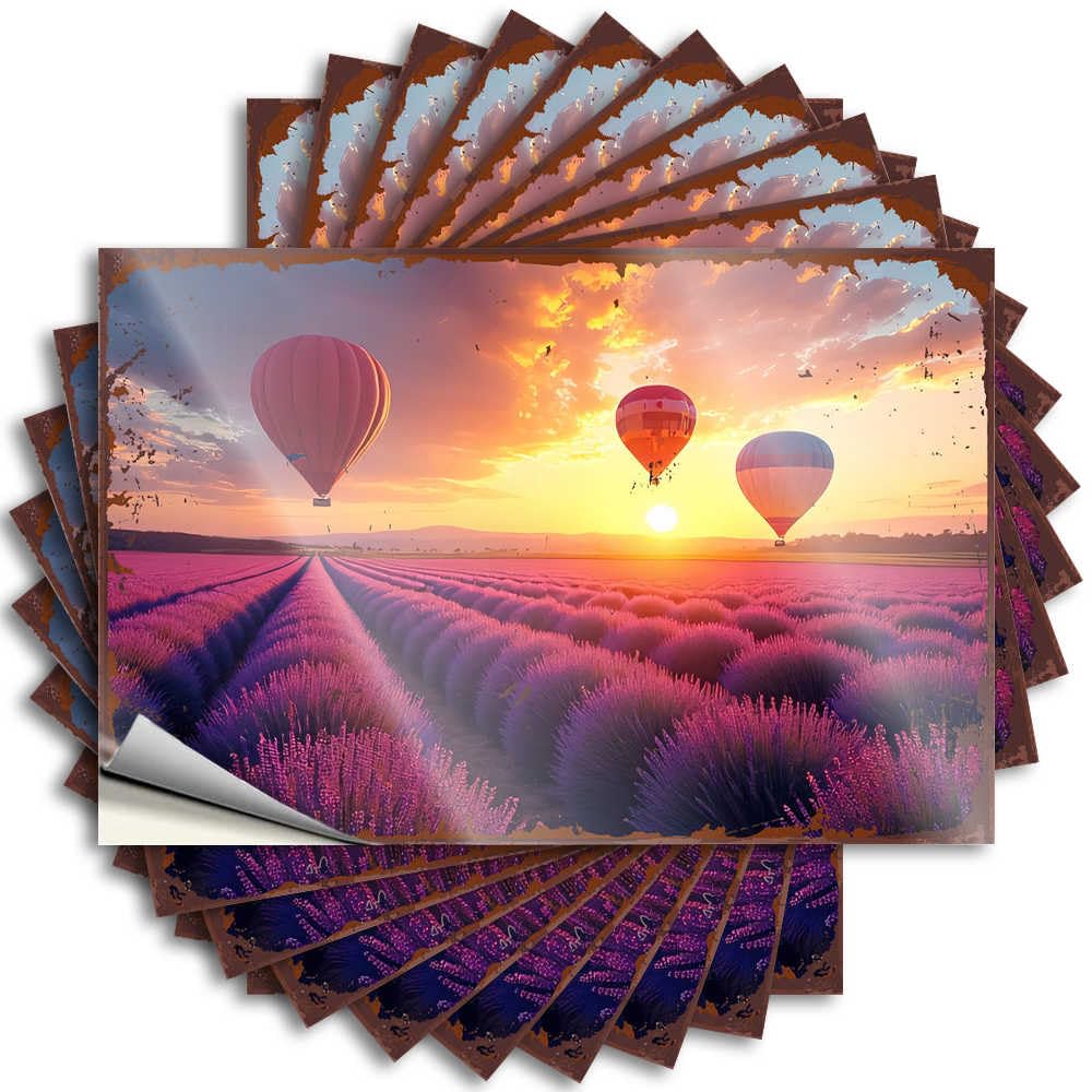 Lake Square Decals - Hot Air Balloons Floating Over Lavender Fields At Sunset Removable Decal Case Easy Peel for Hunting(12X18CM)