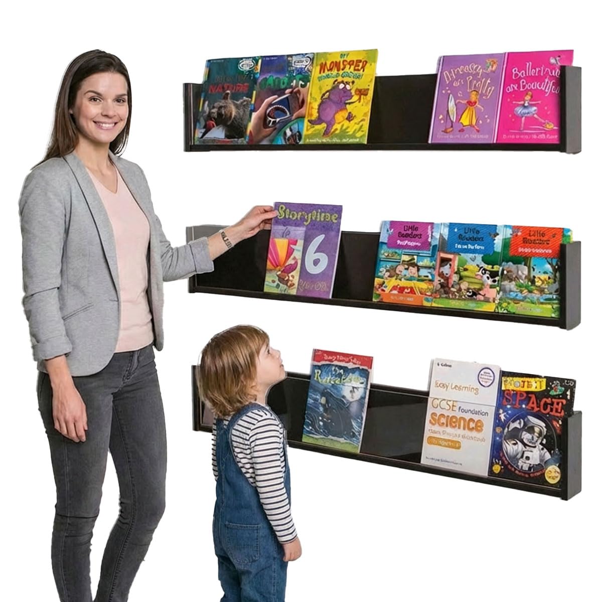 Metroplan Wall-Mounted Literature Display Shelf, Black Wooden Leaflet Holder with Acrylic Fascia, 222x 1314 x 92 mm, Modern Design - for Reception, Waiting Rooms and Info Hubs
