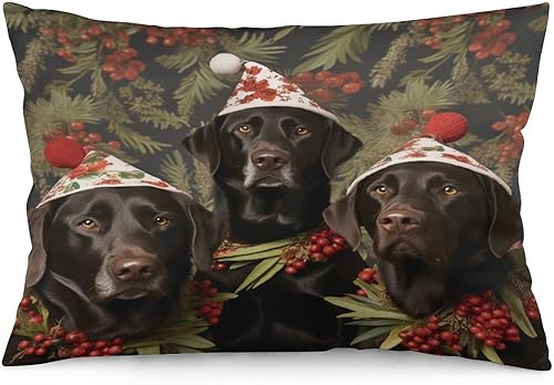 MaSiledy Fundas de cojín de tres perros de laboratorio negros con sombreros de Navidad, cojín lumbar de 20 x 30 pulgadas, almohadas suaves vintage