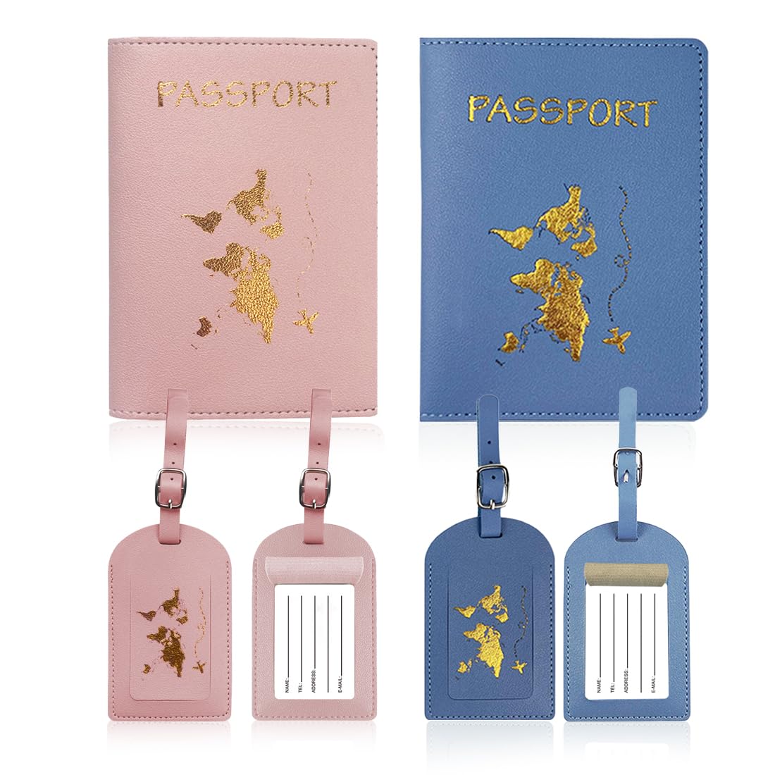Auefudq Porte-Passeport Housse, 2 Pcs Couvertures De Passeport Et 2 Pcs Étiquette Valise, Pu Cuir Imperméable Etiquette Bagage Pour Les Couples Fête De Mariage Honeymoon Voyage