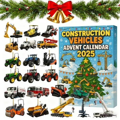 livre Calendrier de l'Avent Véhicules de Chantier 2025,24 jours Compte à Rebours de Noël avec Camion de Chantier,Décorations Noël Plat 2D avec Pendentif Engins de Chantier Acrylique Machines