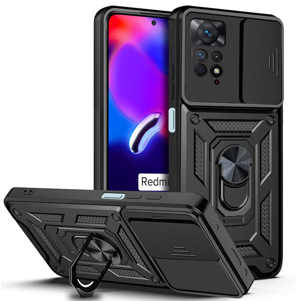 AESTMO Tough Armor Redmi Note 11 Pro/Pro Plus 5G Bumper Back Case Cover | Ring Holder & Sliding Camera Shield Cover | 360 Degree Protection Back Case Cover for Redmi Note 11 Pro (Black)