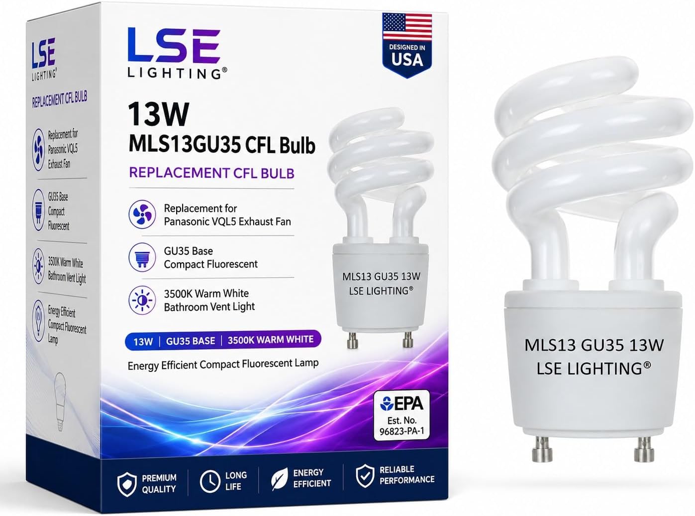 LSE Lighting MLS13GU35 13W GU35 CFL Bulb for Panasonic VQL5 Exhaust Fan | 3500K warm white compact fluorescent replacement lamp for Panasonic VQL5 bathroom exhaust fan; energy-efficient 13W bulb.