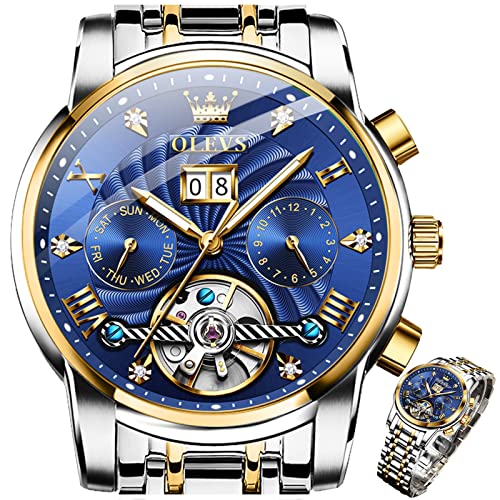 OLEVS Mens Wrist Watches Mechanical Blue Face Automatic Watches for Men Skeleton Self Winding Watch Men Day Date Two Tone Tourbillon Waterproof Stainless Steel Swiss Big Men Wristwatches Diamond