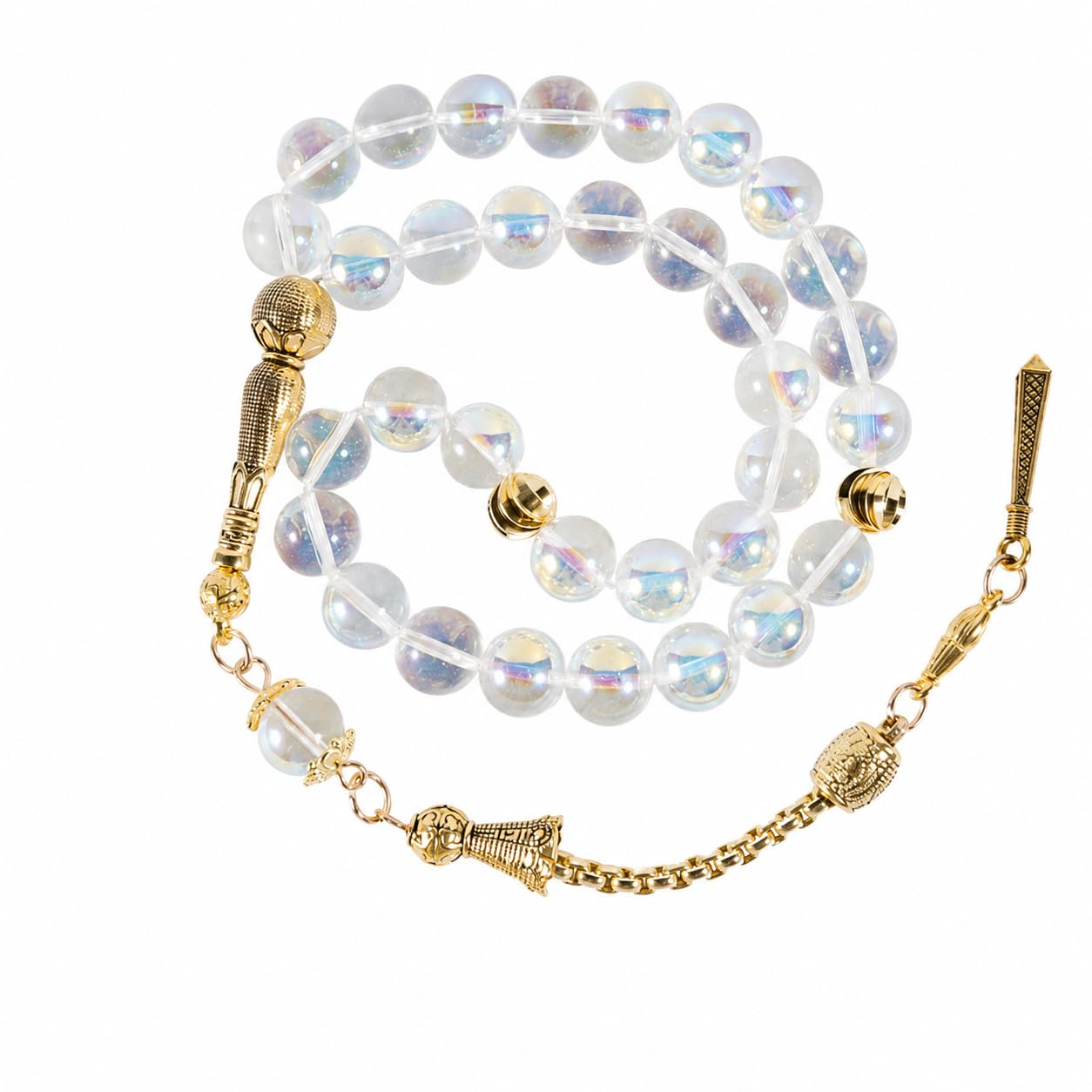 33-Bead Aurora Borealis Beads Tasbih Misbaha, Iridescent Crystal Prayer Beads with Golden Tassel, Gift for Men Women, Ramadan Eid Birthday Gift Box