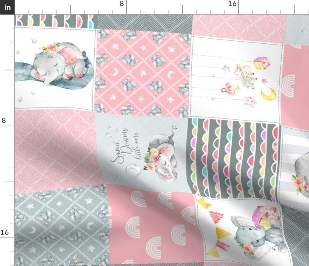 Spoonflower Fabric - Elephant Wholecloth Cheater Quilt Patchwork Rotated Pink Blue Gray Printed on Cotton Poplin Fabric by The Yard - Sewing Shirting Quilting Dresses Apparel Crafts