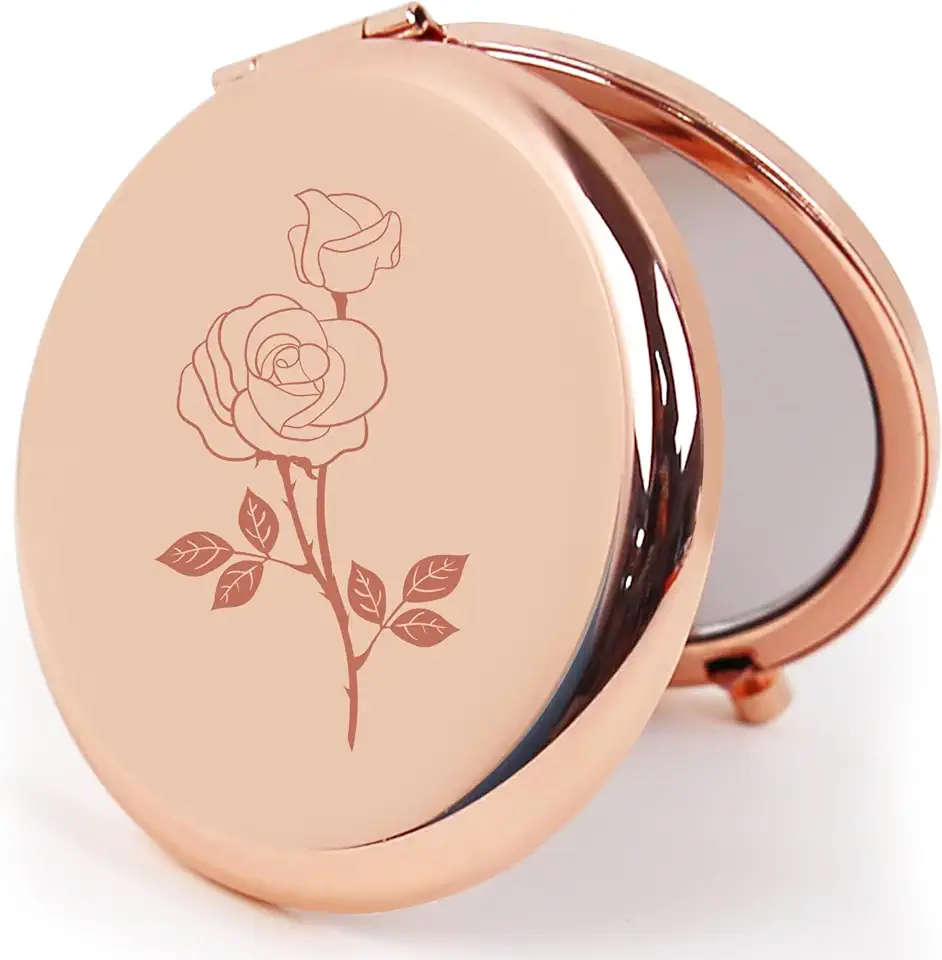 Small Compact Mirror, Rosegold Round 2.6” Metal Frame Style Double Sided Mini Magnifying 1X/2X Mirror for Purse Can be Used as Gifts for Woman (RG01)