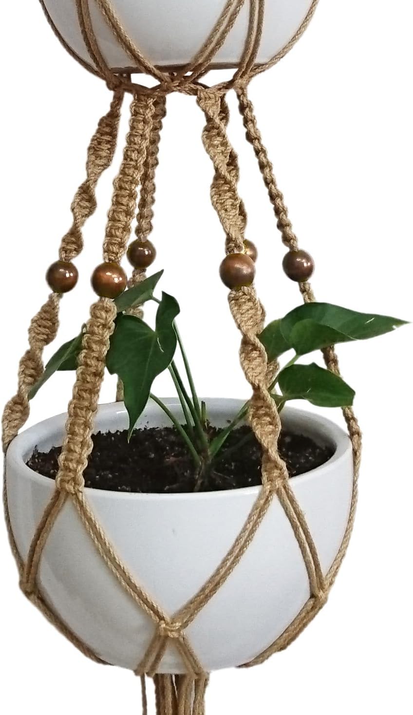 1 PCS 6 Legs Macrame Plant Hanger Jute Double Tiers Plant Hanger & Plant Holder with 6 pcs Round Brown Wood Bead, Hanging Planter 65-inches for 8 inch and 10 Inch Plant Pot (Without Pot)