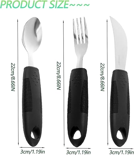 Miniatura 3 de Juego de 3 cubiertos de fácil agarre, juego de utensilios adaptables para adultos, tenedor, cuchara y cuchillo balancín para ancianos, artritis,