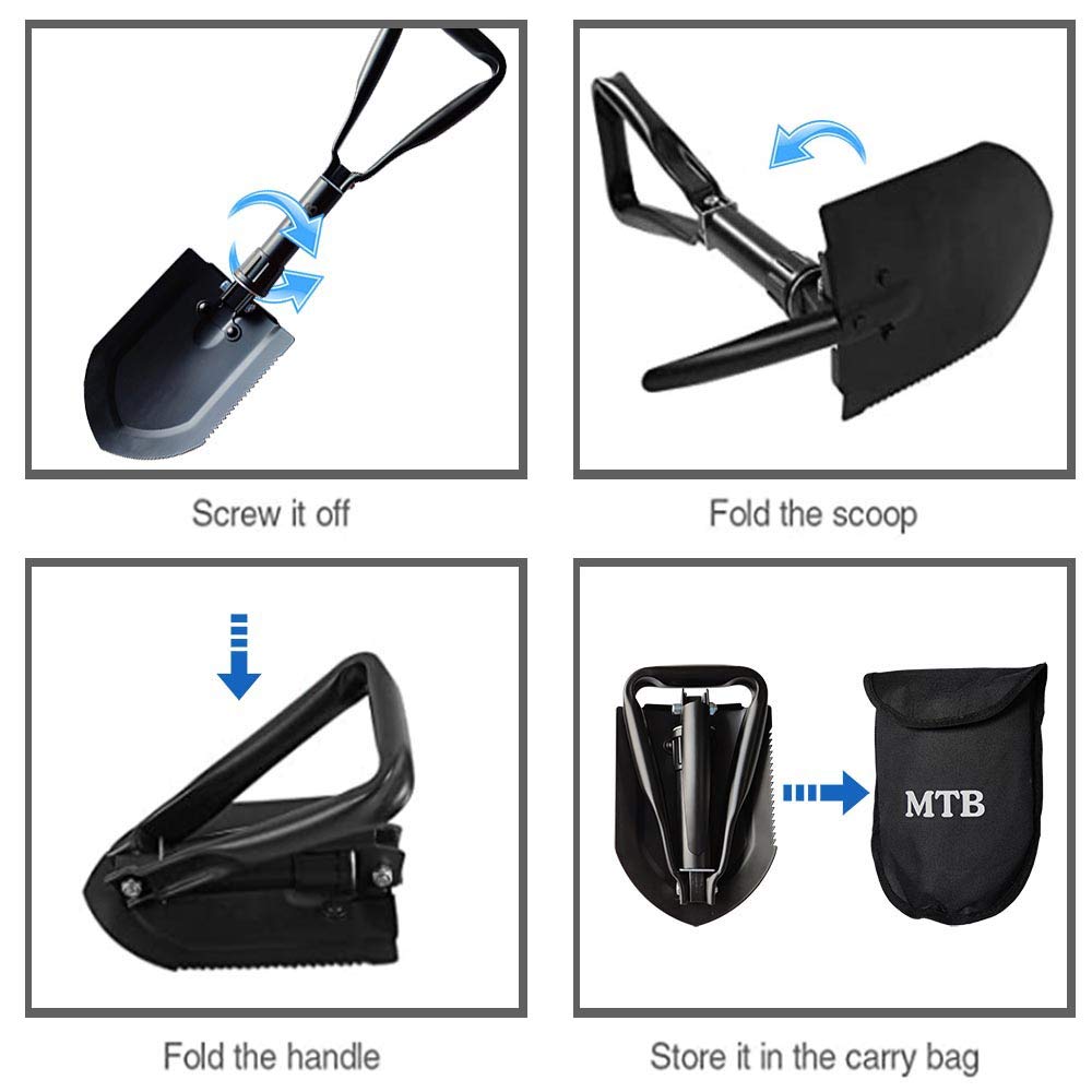 Pala militar plegable MTB para acampar, herramienta de anclaje de acero de alto carbono con borde de sierra de madera y funda de transporte táctica, 22.8 pulgadas, color negro
