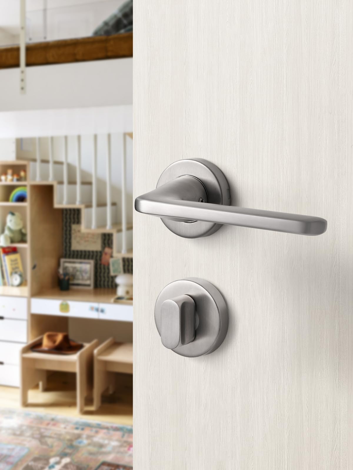 SORWDUERM Nickel Door Handle Set, Matte Brushed Stainless Steel, L Shape Round Rosette WC Profile Cylinder for Front & Interior Doors - Image 4