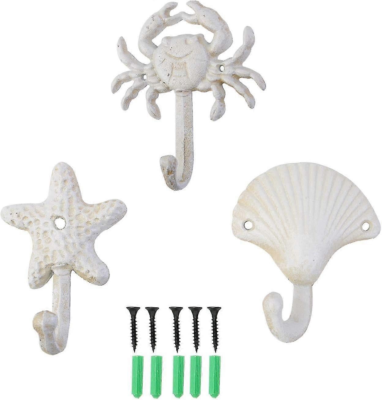 Joyhappst Image Color Set Of 3 Starfish Seashell Crab Cast Iron Decorative Wall Hooks Coats Aprons Hats Towels Hooks Beach Ocean Theme Chic Metal Hooks (White)