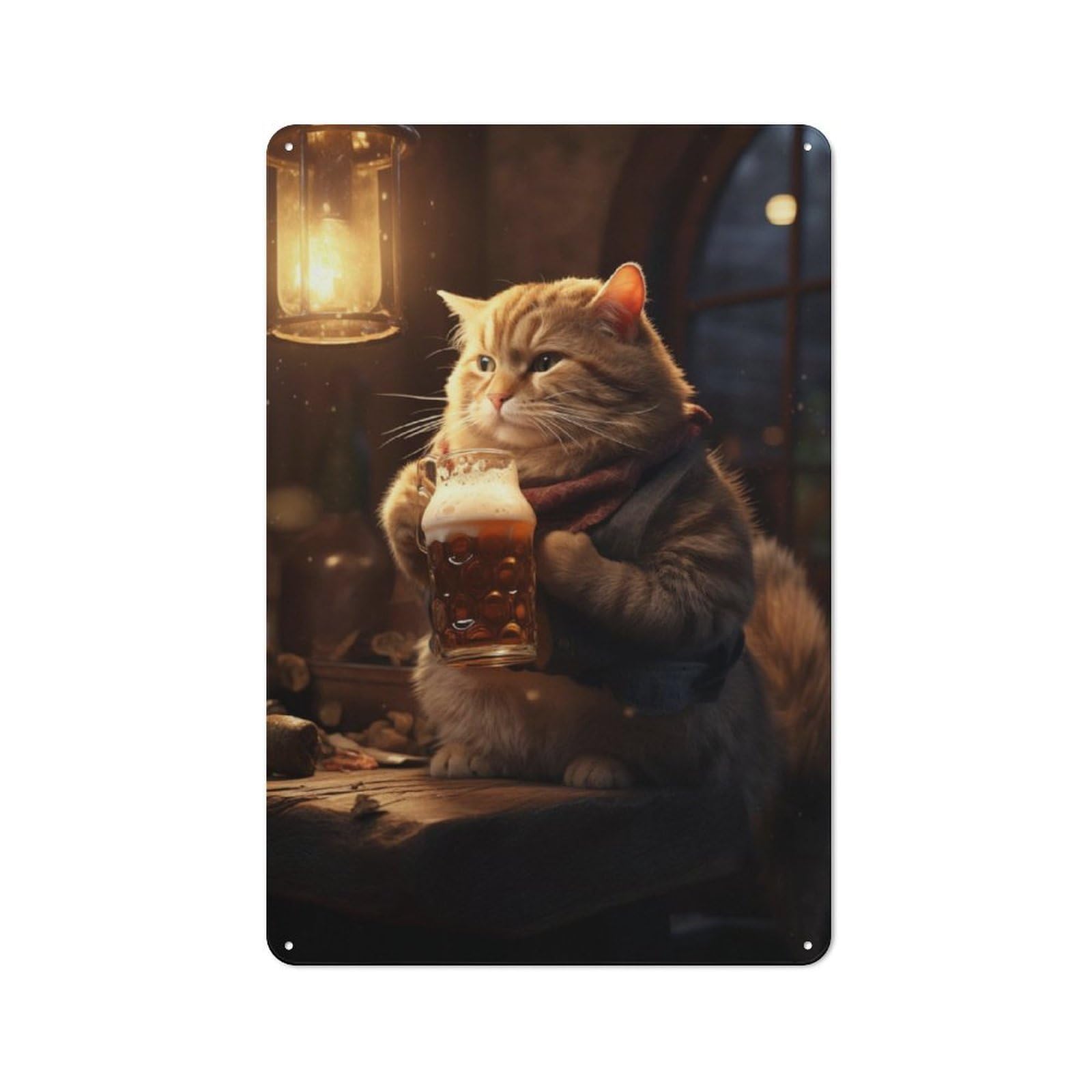 Junmoney Fluffy Cat Drinking Beer For Studio Or Craft Room, Rustic Metal Wall Sign 30X20cm, For Vintage Wall Decor Fans, For Metal Sign Collectors