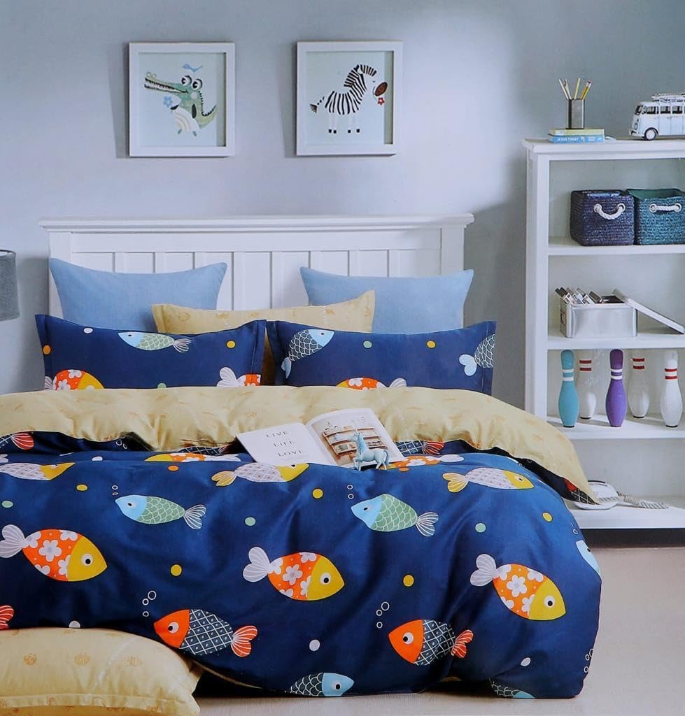 Kids Bedding Set with Colorful Fish Print, Navy Blue | Ocean Theme, Reversible Design, Children's Room, Pillow Covers Included, Yellow Reverse Side-image-30