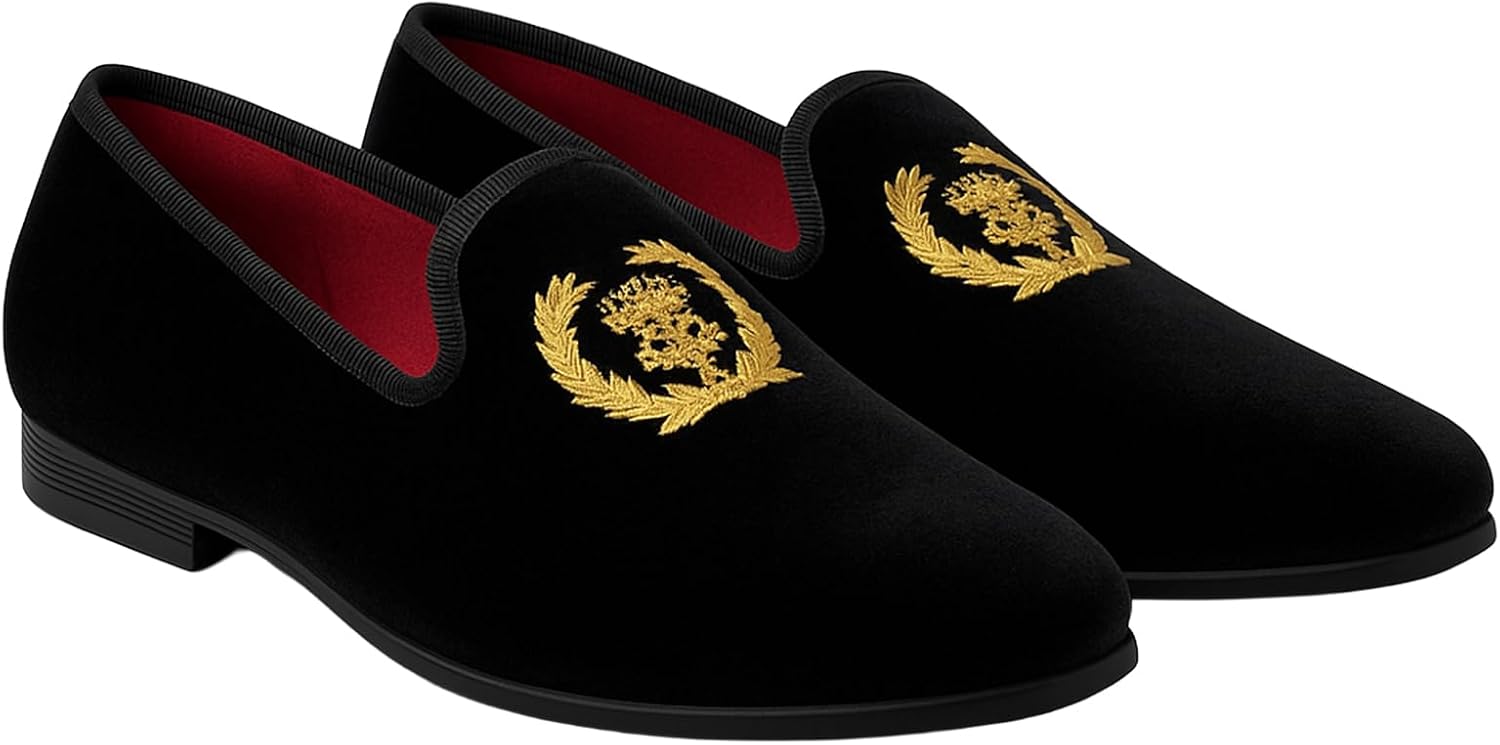 Boys Velvet Gold Crest Loafer Slip On Shoes Wedding Prom Party Formal Footwear