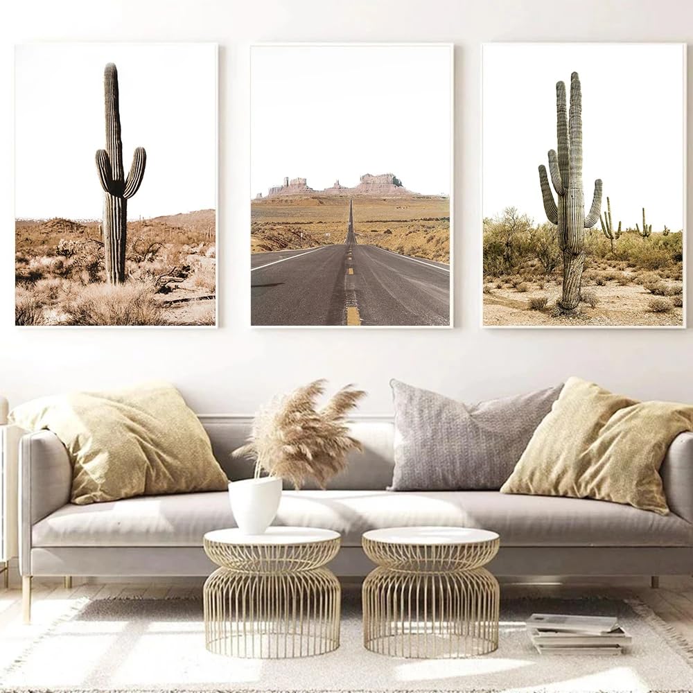 SOBMQ Pictures-Desert Cactus Nature Landscape Wall Canvas Painting Abstract Poster Print Art Picture For Living Room Bedroom Home Decoration-40 * 60cm-3PCS (No Frame)