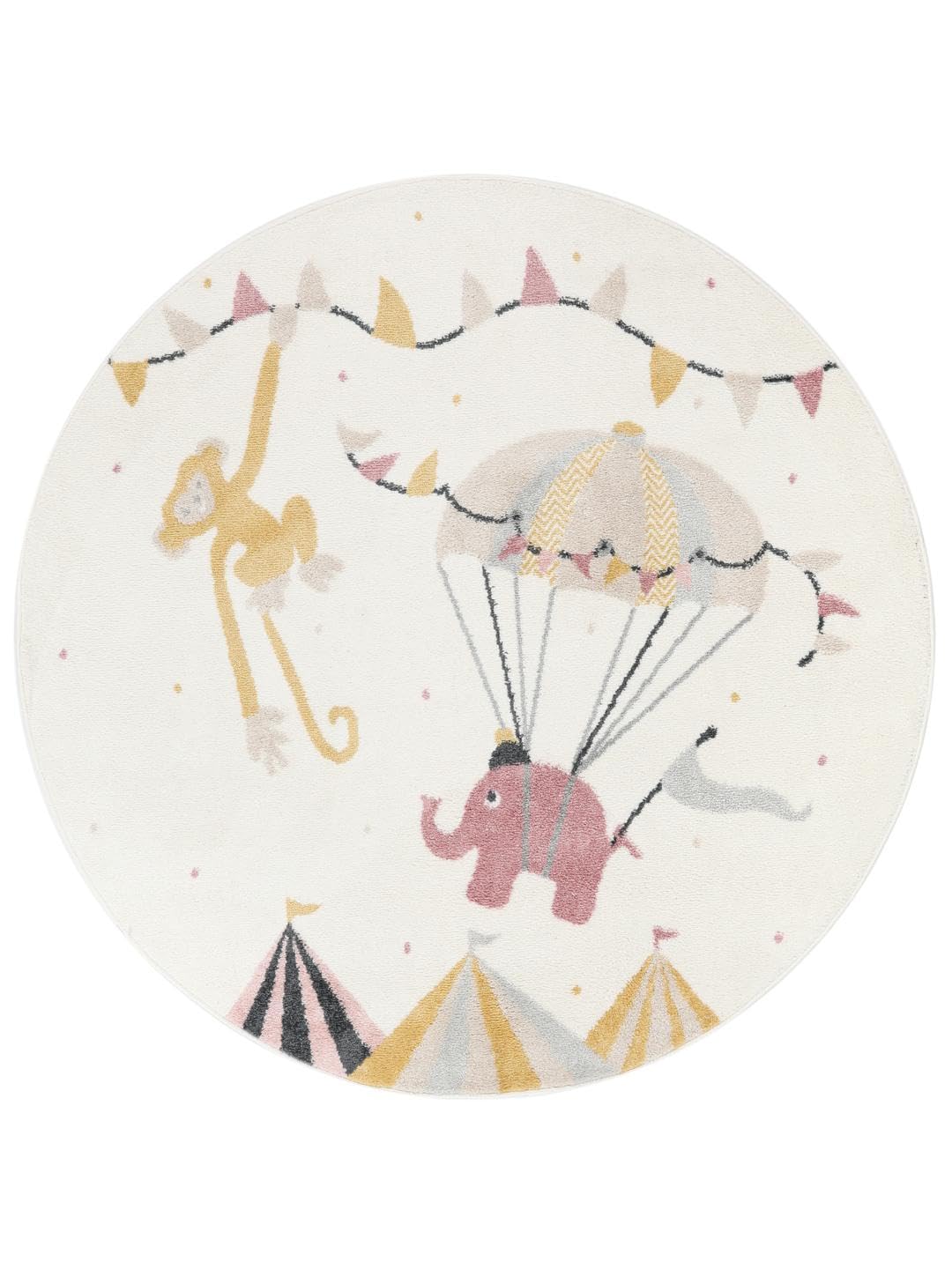 RugVista Monkey Circus Tapis pour Enfants, Ø 150 cm, Rose/Off Blanc