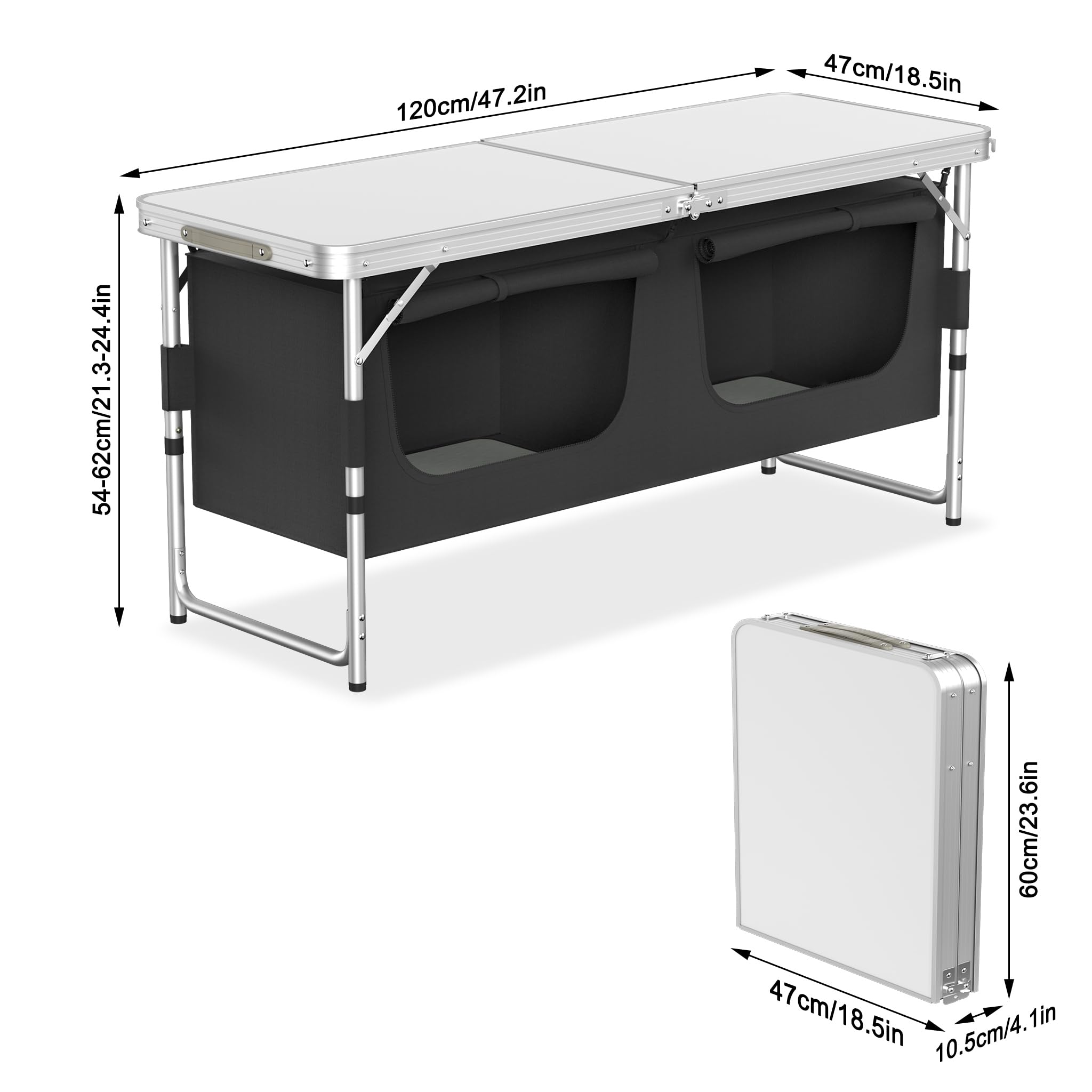FIVMEN Campingküche Faltbar Campingschrank mit Aluminiumgestell und Staufächer Höhenverstellbar Reiseküche Küchenbox Zeltschrank Camping Zubehör für Outdoor Camping Küche, 120x47x54 cm