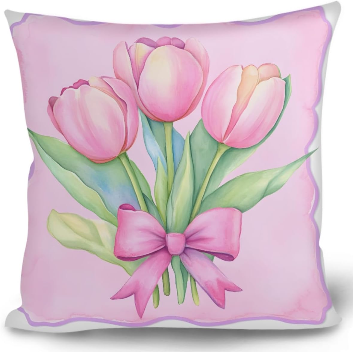 ENLACHIC Pack of 4 Happy Mother's Day Throw Pillow Case, Pink Wreath Tulip Flower Love Thanks Mom Square Pillowcases for Couch Sofa Home Car Decorative Cushion Cover 18x18 Inch