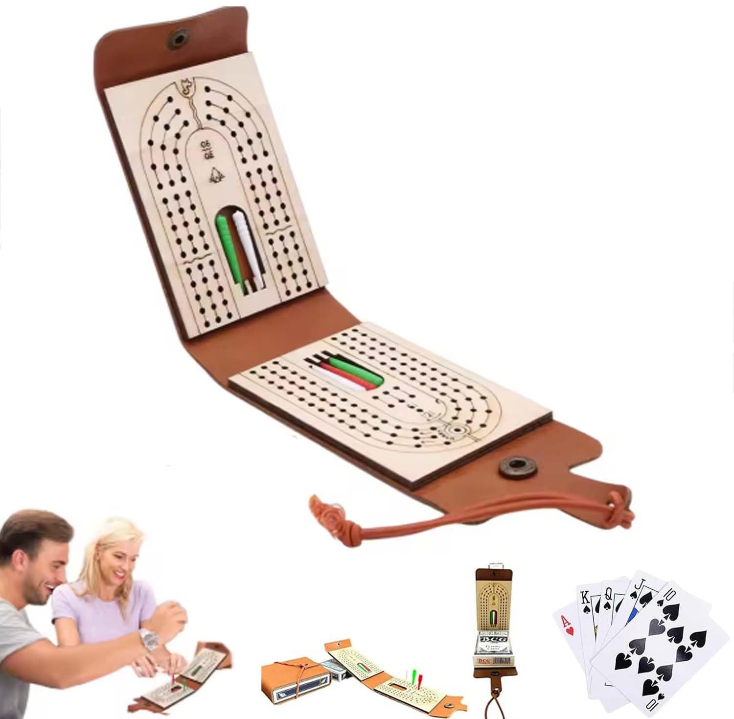 Ultimate Leather Wraparound Touring Cribbage Board, Foldable Leather Cribbage Board Game Set, Cribbage Board Set, Traditional Card Game with Playing Cards, Pegs, Bag, Travel Cribbage Board Game Set