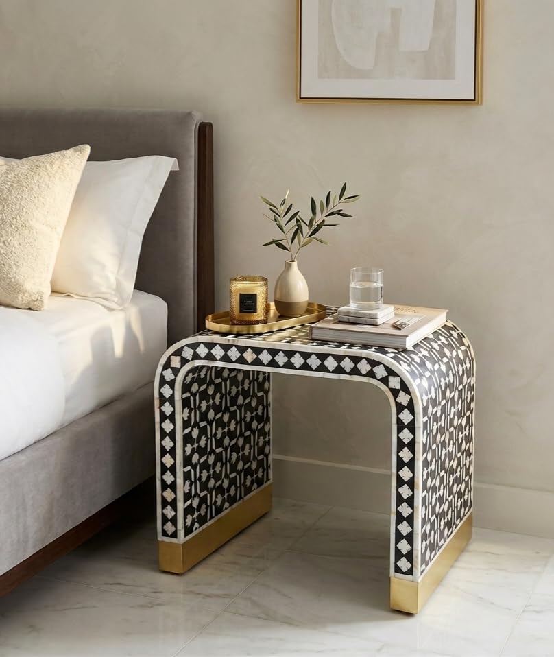 mother of pearl inlay u shape side table, handmade black end table with brass base, modern bedside table, accent nightstand for bedroom & living room, 24 x 16 x 24 inch